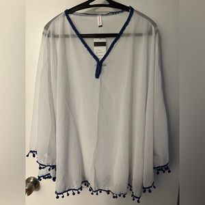 White Sheer Beach Coverup with Blue Pompom Details XL